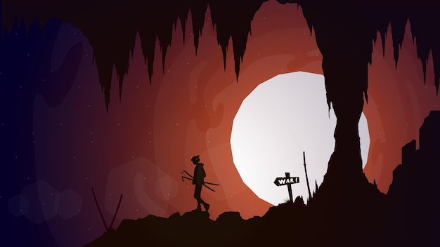 samurai boy anime in cave wallpaper. samurai boy with oni mask on head. boy walking with two swords.