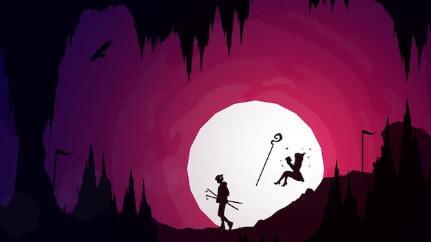 Premium Vector | Samurai boy anime wallpaper. samurai boy with oni mask on  head.floating witch reading a book. cave,