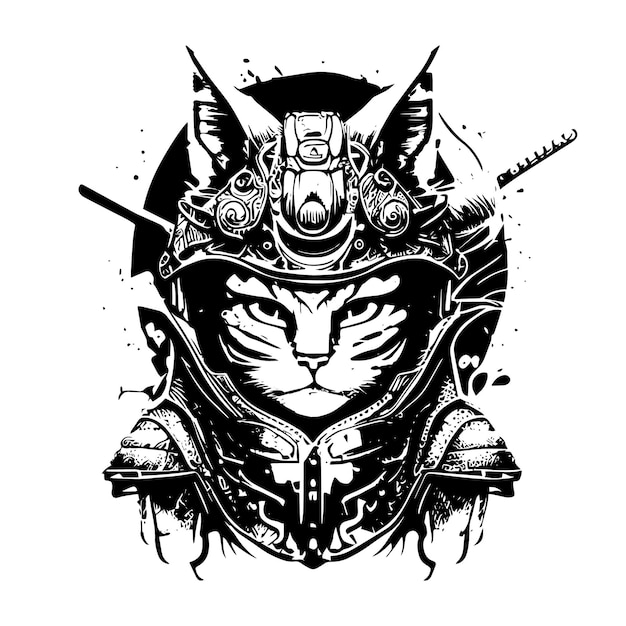 Samurai cat logo black and white hand drawn illustration