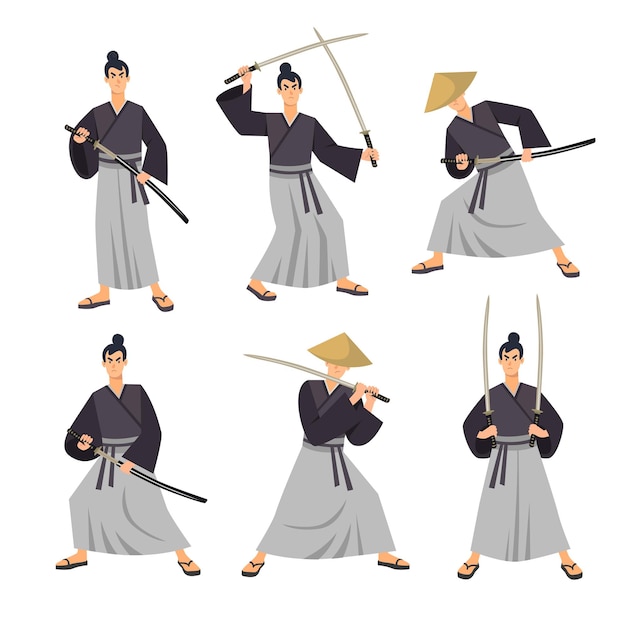 Set di illustrazioni dei personaggi dei samurai