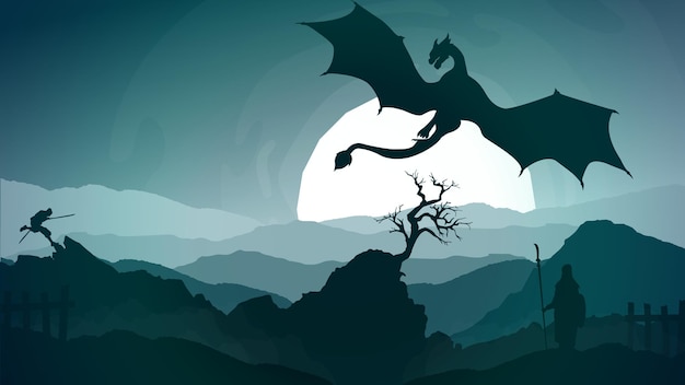 Vector samurai fight against dragon in the mountains at night. samurai against giant dragon.