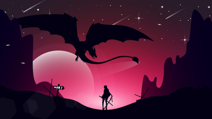 Vector サムライガールのアニメ壁紙。サムライガール対ドラゴンのイラスト。侍の背景。日本。