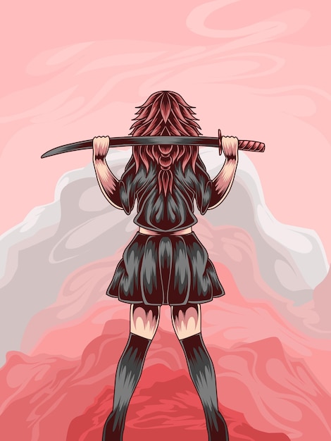 Vector samurai girl in the twilight sky