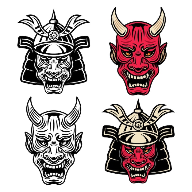 Samurai heads set of vector objects or design elements in two styles colored and black isolated on white background