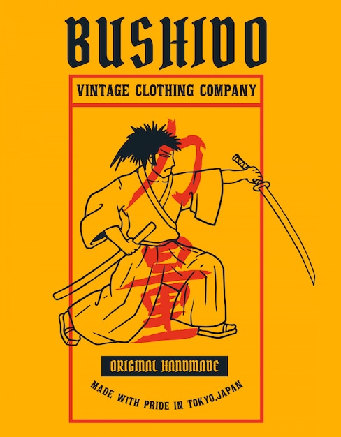 Vettore eroe samurai con parola giapponese significa forza