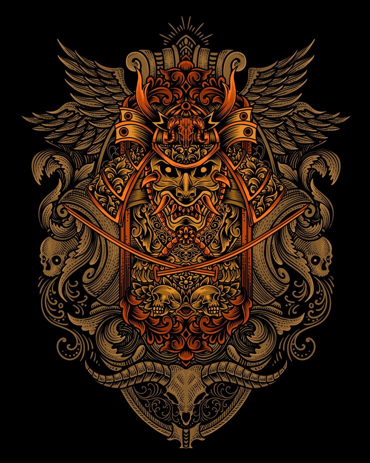 Samurai hoofd met antieke gravure ornament