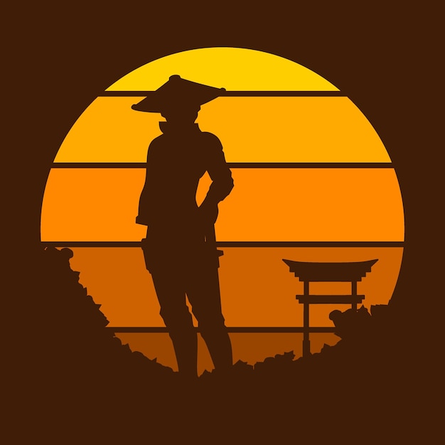 Samurai japan sword knight vector on sunset illustration.