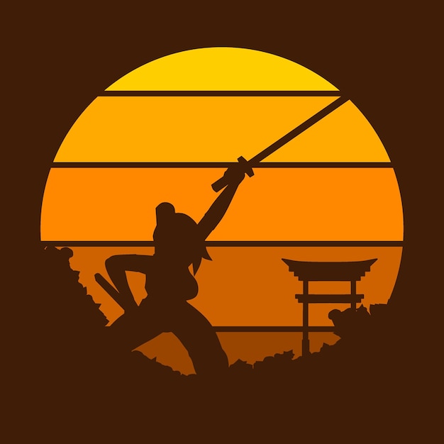 Samurai japan zwaard ridder vector op zonsondergang illustratie.