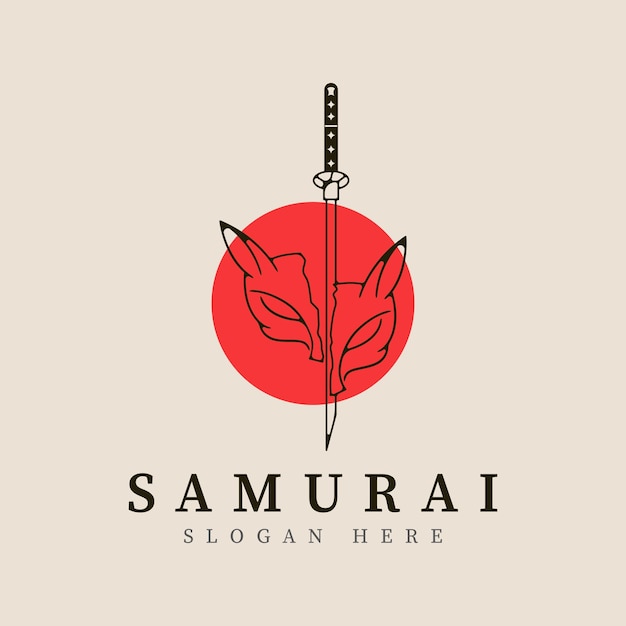 Disegno del modello di illustrazione vettoriale del logo della linea samurai e kitsune