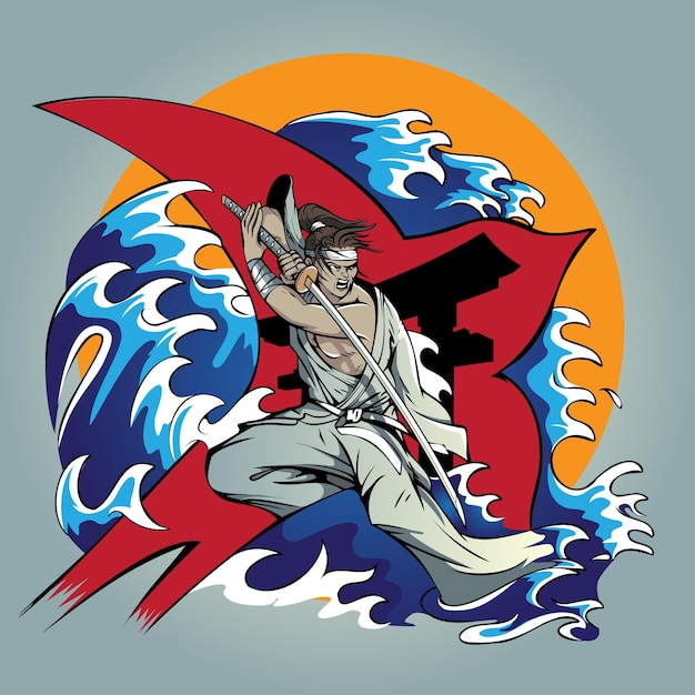 Vector samurai-krijger met een lange katana of een lang zwaard