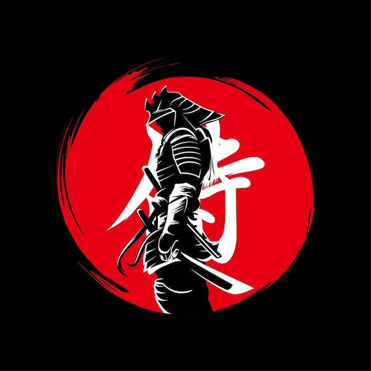 Vector samurai lettering japanse krijger zwaardvechters silhouet wit rood en zwart gedetailleerd vector