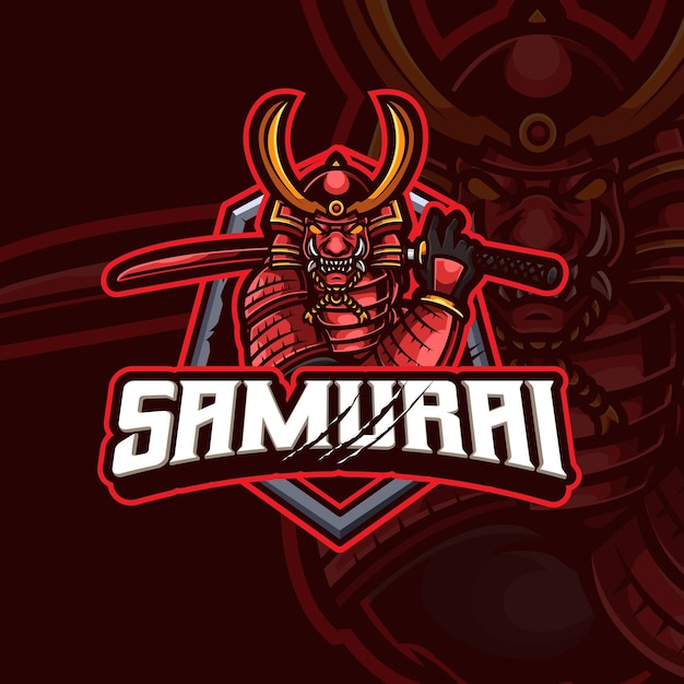 Vettore design del logo del gioco esport della mascotte del samurai