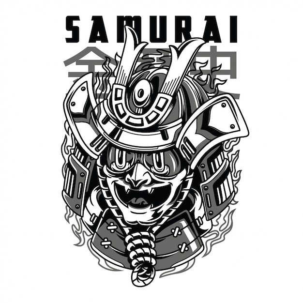 Samurai Mask Black and White Illustration