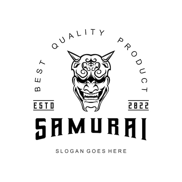 Samurai mask ronin angry face logo icona simbolo bianco e nero modello vintage per etichette, emblemi, distintivi o modello di progettazione