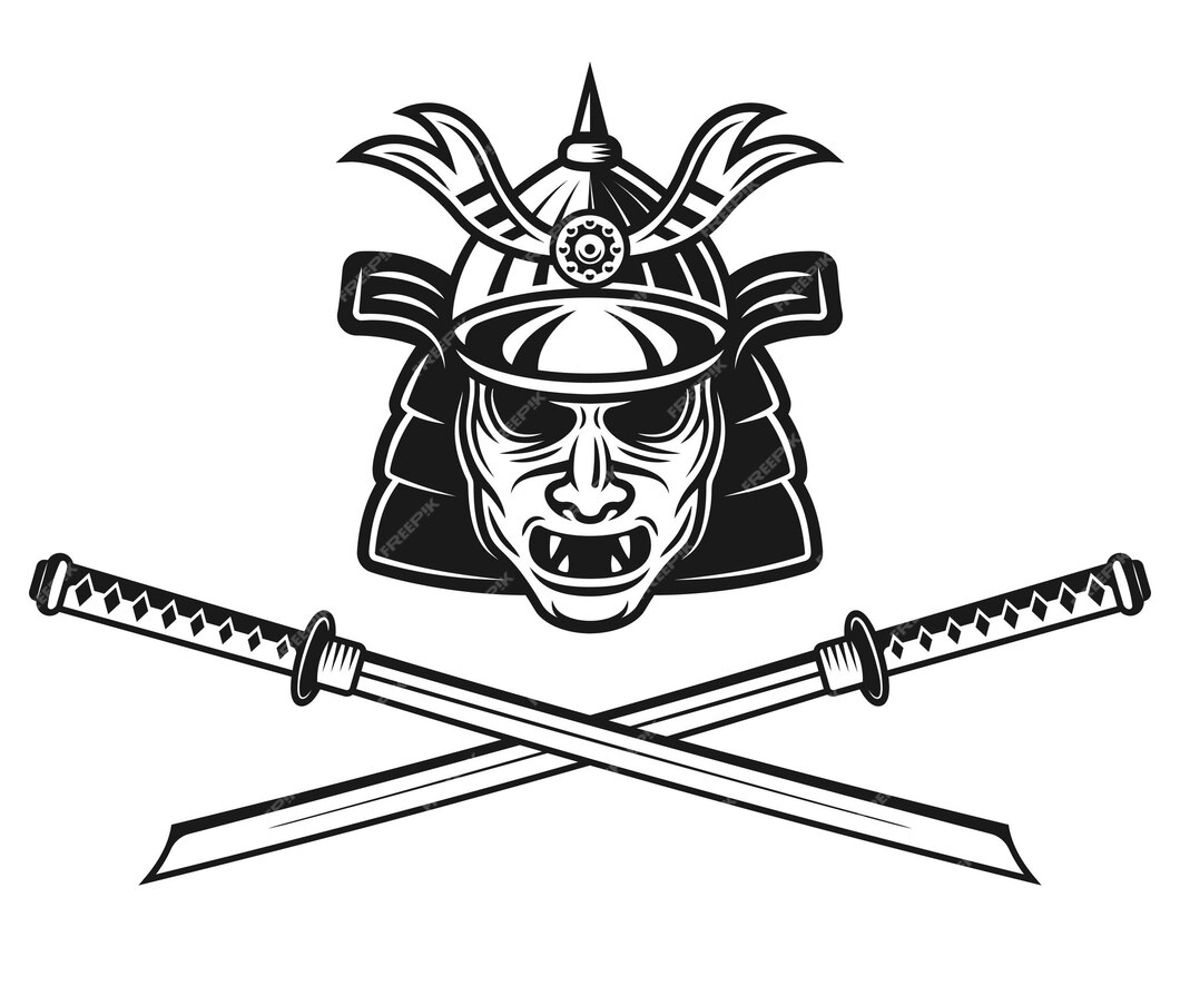 Premium Vector | Samurai mask traditional japanese helmet and two ...