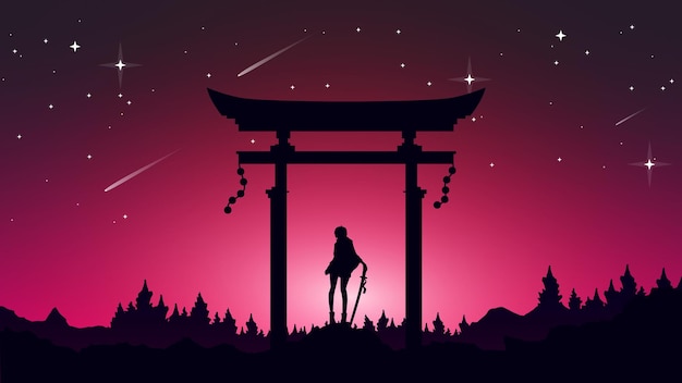 Vector samurai meisje anime behang. landschap fantasie behang. japanse samurai achtergrond. samoerai meisje.