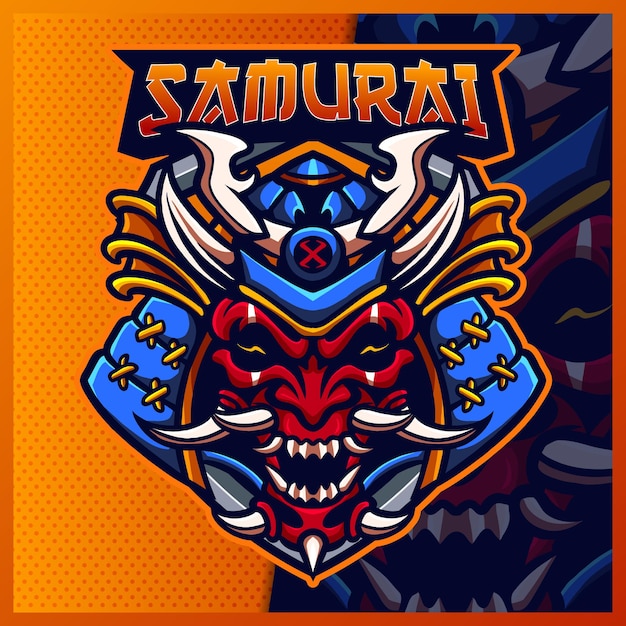 Samurai oni mascot esport logo design illustrations   template, devil ninja logo for team game