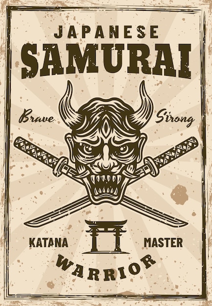 Maschera di samurai oni e spade di katana incrociate illustrazione vettoriale di poster in stile vintage con texture grunge su strati separati