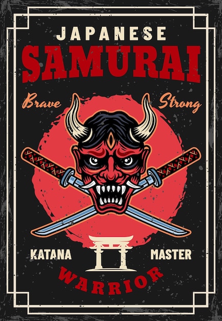 Vettore maschera di samurai oni e spade di katana incrociate poster vettoriale illustrazione vintage in stile colorato con texture grunge su strati separati