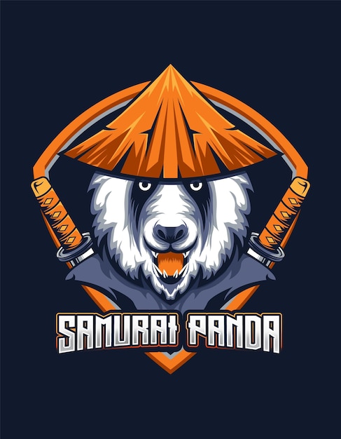 Samurai Panda-mascotte met strohoed en zwaard voor esport gaming-logo vectorontwerp