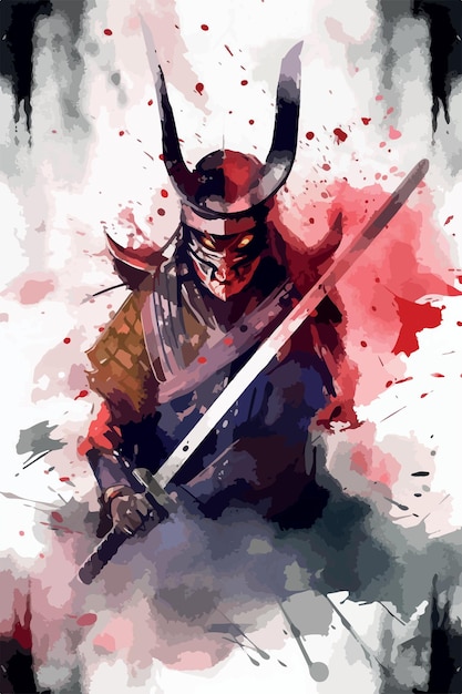 Samurai poster with katana Epic fantasy soldier Watercolor painting of japanese warrior with mask