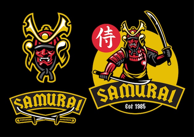 Samurai ronin-mascotte houdt het katana-zwaard vast