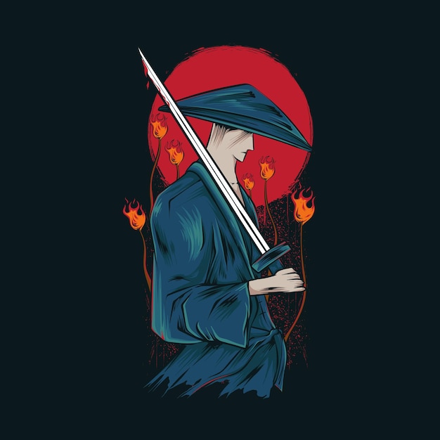 Samurai ronin met maanillustratie voor t-shirtontwerp en print