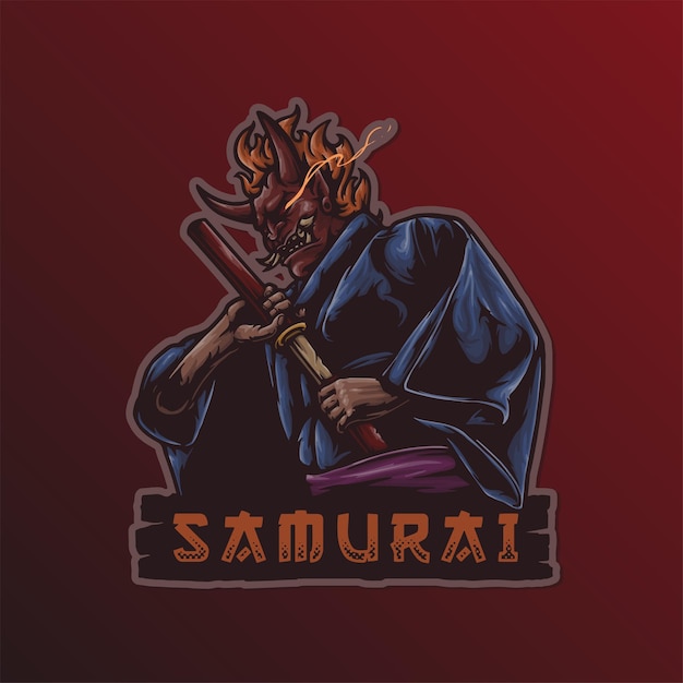 Vettore samurai ronin con hanya mask e katana sword warrior esport mascot vector logo gaming illustrazione