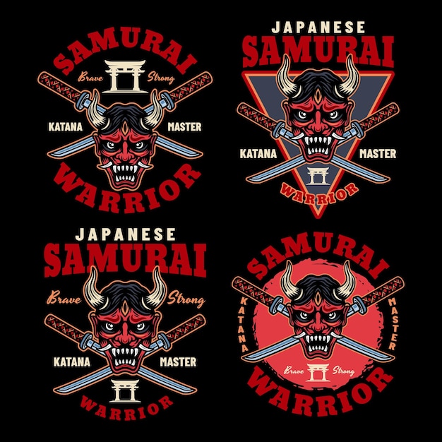 Set di emblemi colorati vettoriali di samurai, distintivi, etichette su sfondo scuro