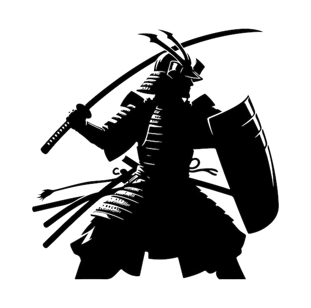 Silhouette di samurai isolata nero su sfondo bianco vettore