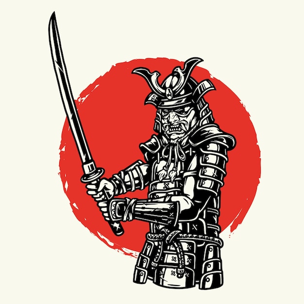 Samurai soldier in metal armor with sword in vintage style isolated illustration