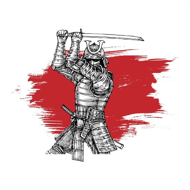 Samurai in posizione stabile con katana