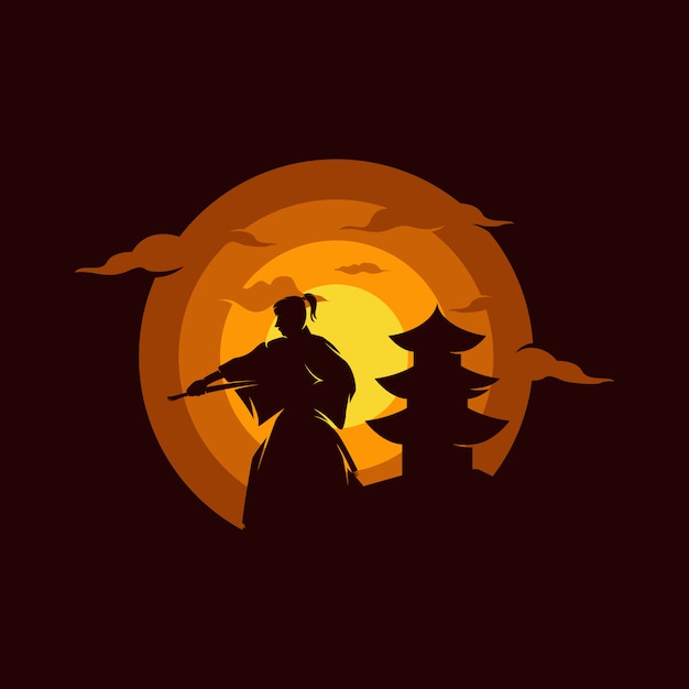 Vector samurai on sunset illustration