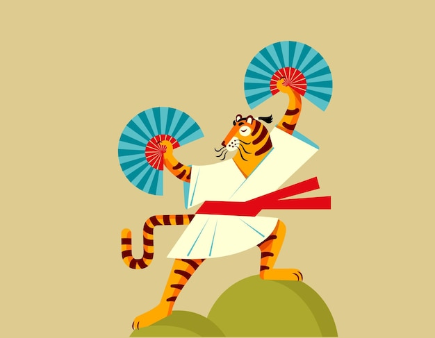 A samurai tiger in a kimono performs a dance with fans vector illustration poster postcard