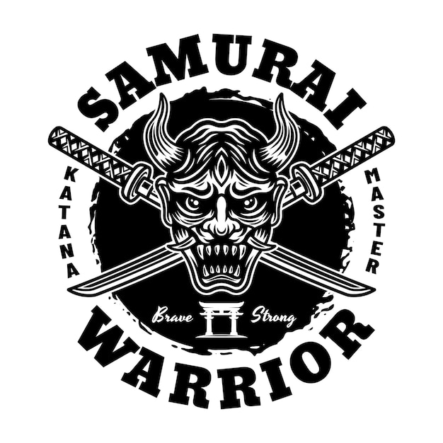 Emblema monocromatico vettoriale del samurai etichetta del distintivo isolata su sfondo bianco