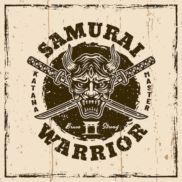 Samurai vector vintage embleem badge label op achtergrond met verwijderbare grunge texturen