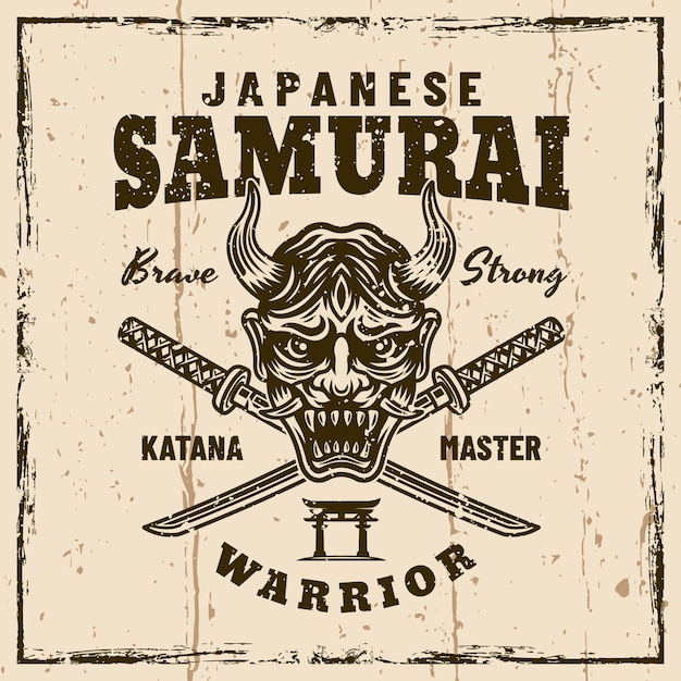 Vector samurai vector vintage emblem badge label on background with removable grunge textures