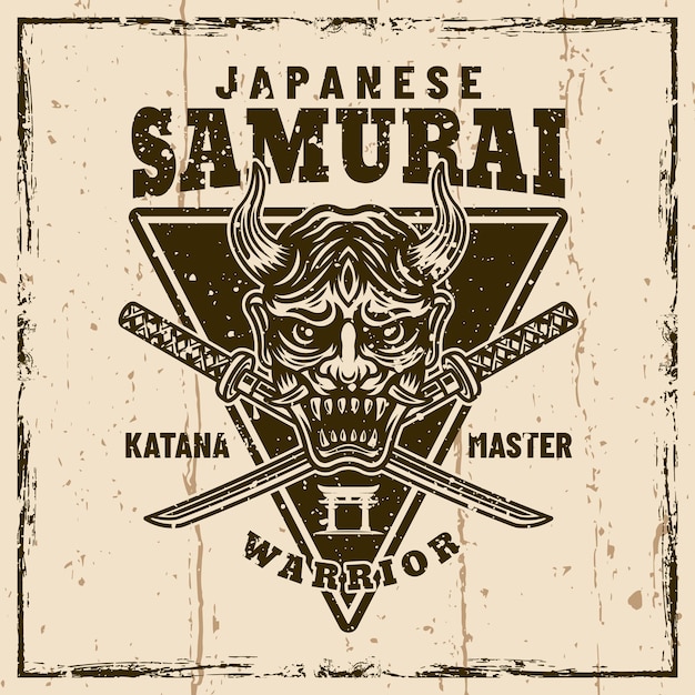 Samurai vector vintage emblema badge etichetta sullo sfondo con texture grunge rimovibili