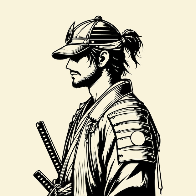Самурайский воин Черно-белая векторная иллюстрация в винтажном стиле