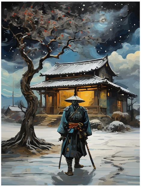Vector samurai with tree and scenery between reality and fantasy vector customized design