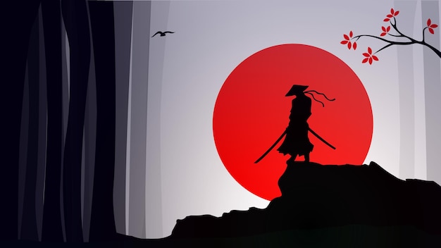 Samurai con due spade walpaper. sfondo di samurai. samurai giapponese con una spada. luna rossa.