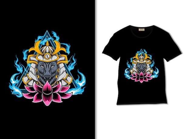 Vector samurai wolf illustration with t shirt design