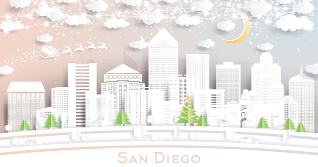 Vector san diego california city skyline in paper cut style met sneeuwvlokken maan en neon garland