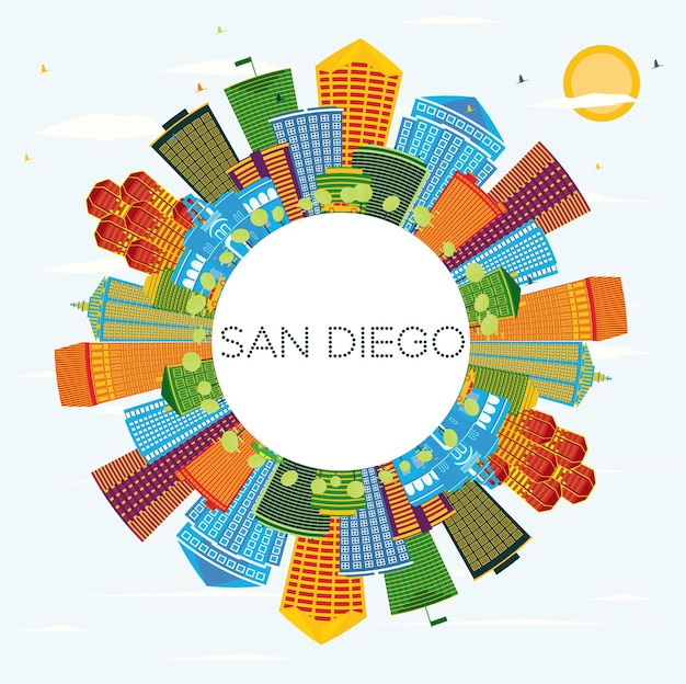 San Diego California City Skyline with Color Buildings Blue Sky and Copy Space