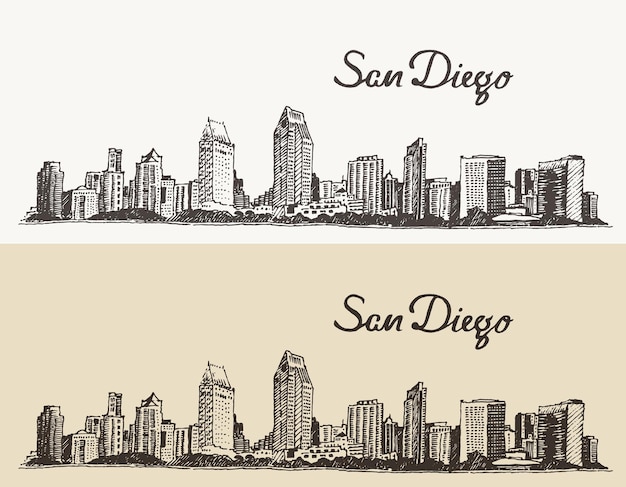 san diego skyline, big city architecture, vintage engraved vector illustration