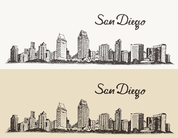 Skyline di san diego, architettura della grande città, illustrazione vettoriale vintage incisa