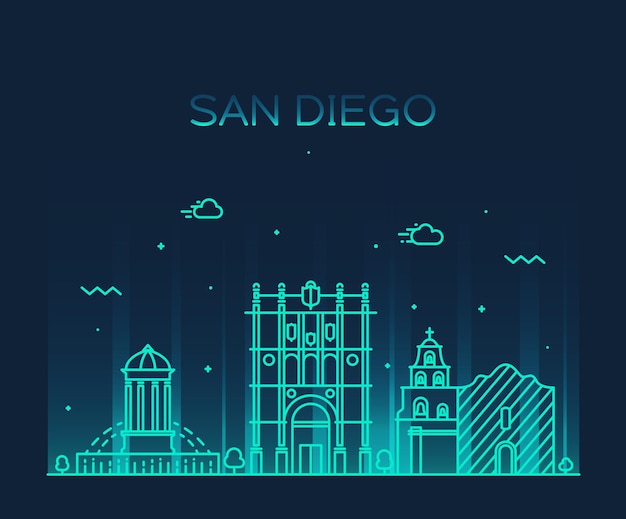 San diego skyline detailed silhouette. trendy vector illustration, line art style.