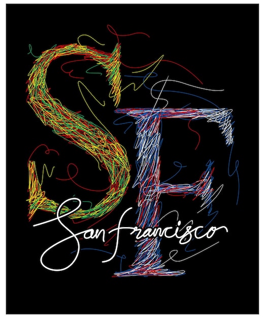 Vettore san francisco colorato scarabocchio e tipografia vintage tshirt design in illustrazione vettoriale