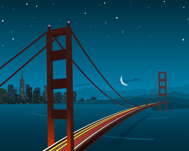 Vettore scena notturna di san francisco e golden gate bridge