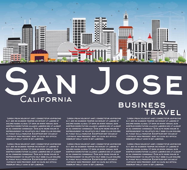 Vettore san jose california skyline con edifici grigi cielo blu e spazio copia vector illustration